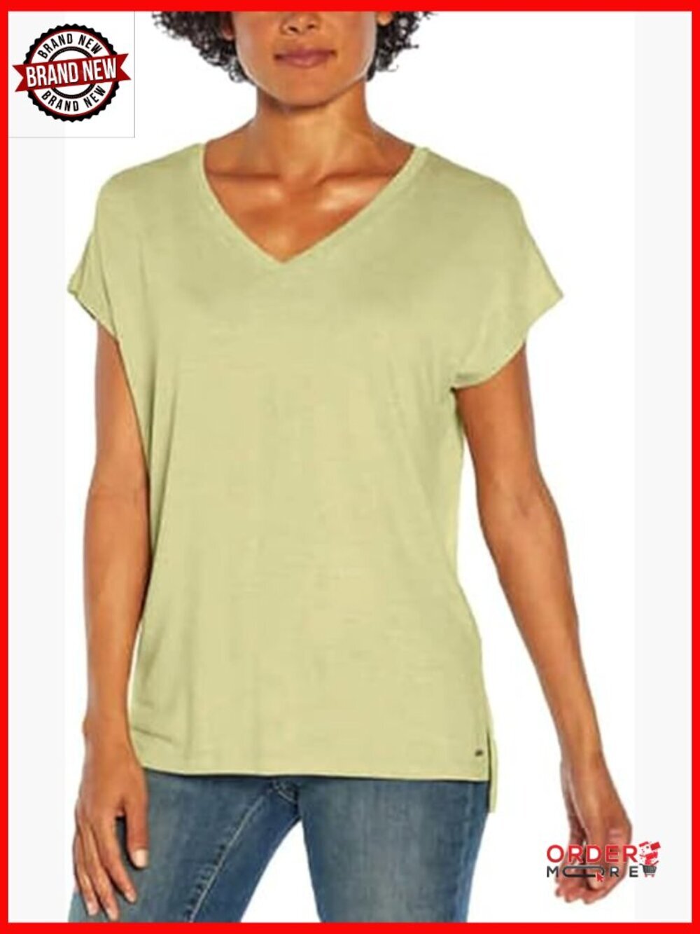 Short Sleeve V-Neck Tunic Top Relaxed Fit Stretchy High-Low Hem